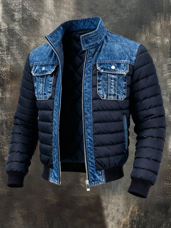 Men's Blue Denim-Look Puffer Jacket