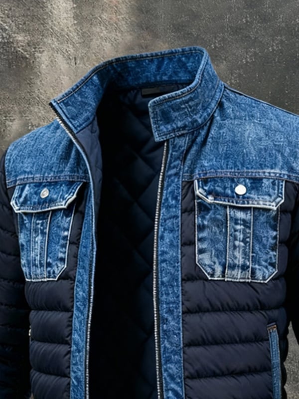 Men's Blue Denim-Look Puffer Jacket
